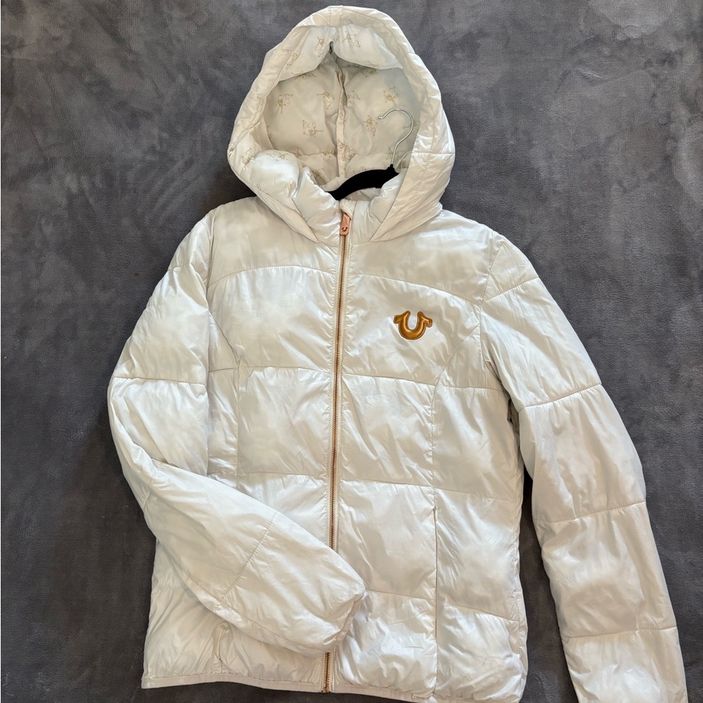 True Religion White Puffer Jacket with Gold Accents